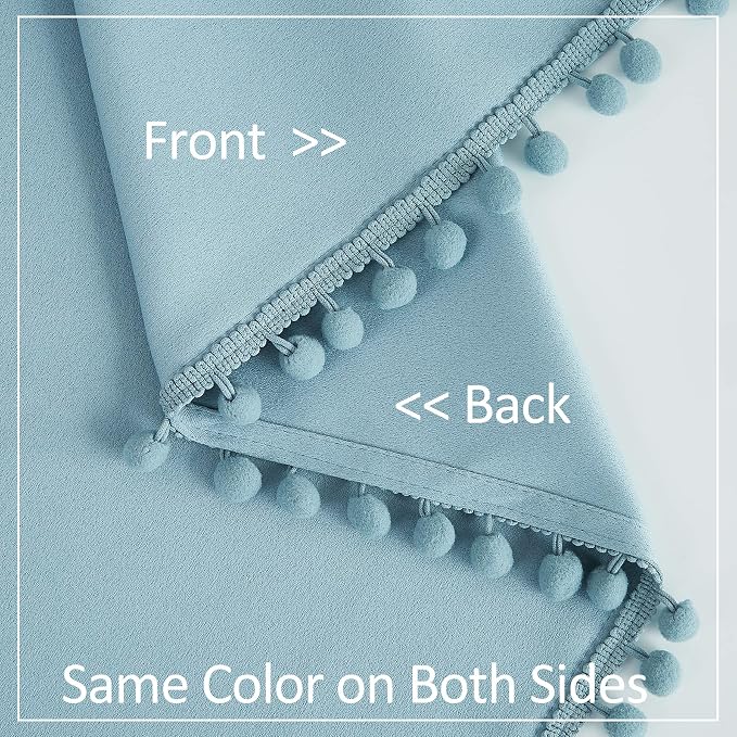 Treatmentex Blue Pompom Curtains for Bedroom Living Room 95 inch Triple Weave Half Blackout Window Curtains for Hotel Men's Guest Room Drapes 52" w x2 Panels Rod Pocket