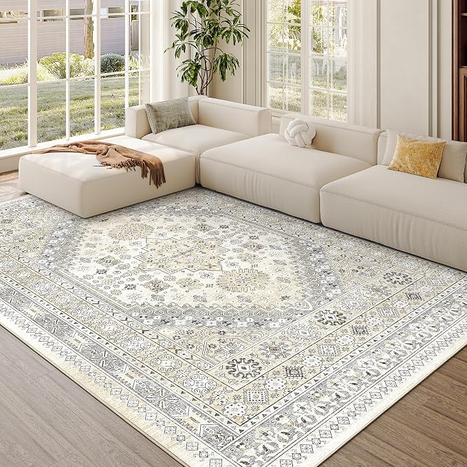 zesthome 7x9 Area Rug, Super Soft Washable Rugs for Living Room, Non-Slip Stain Resistant Vintage Rugs, Ultra-Thin Large Area Rugs (Beige,7'x9')