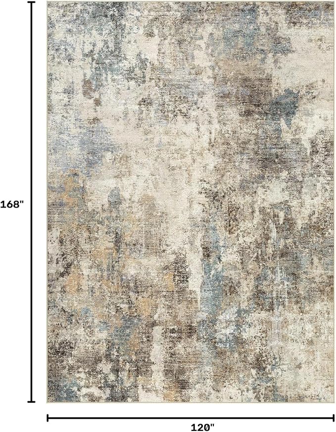 WITSHOCK Area Rugs 10x14 Living Room Rug - Washable Neutral Soft Low Pile Non-Slip Modern Abstract Thin Large Indoor Carpet for Bedroom Dining Room Nursery Office - Brown/Teal/Blue