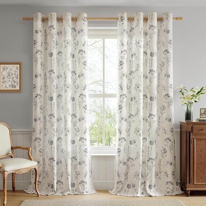 FMFUNCTEX Linen Curtains Floral Patterned Curtain for Bedroom Living Room, Black Curtains 84 Inches Long Farmhouse, Light Filtering Beige Window Curtain Grommet Top 2 Panels Set