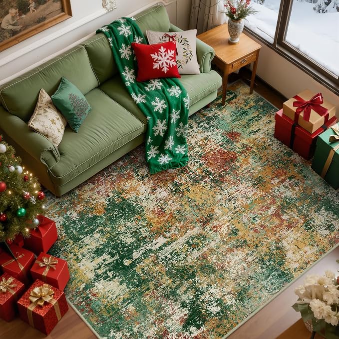 RELEANY Washable Area Rugs 6'x9' Non-Slip Modern Abstract Soft for Living Room Entryway Bedroom Kitchen, Print Pattern, Green Orange Rust Red Cream Colorful