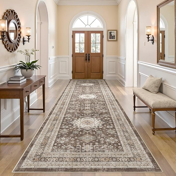 Vintage Hallway Runner Rug 3x10: Large Soft Washable Entryway for Kitchen Laundry Room Non-Slip Backing Runner for Entrance Living Room Bedroom Bathroom - Dark Brown