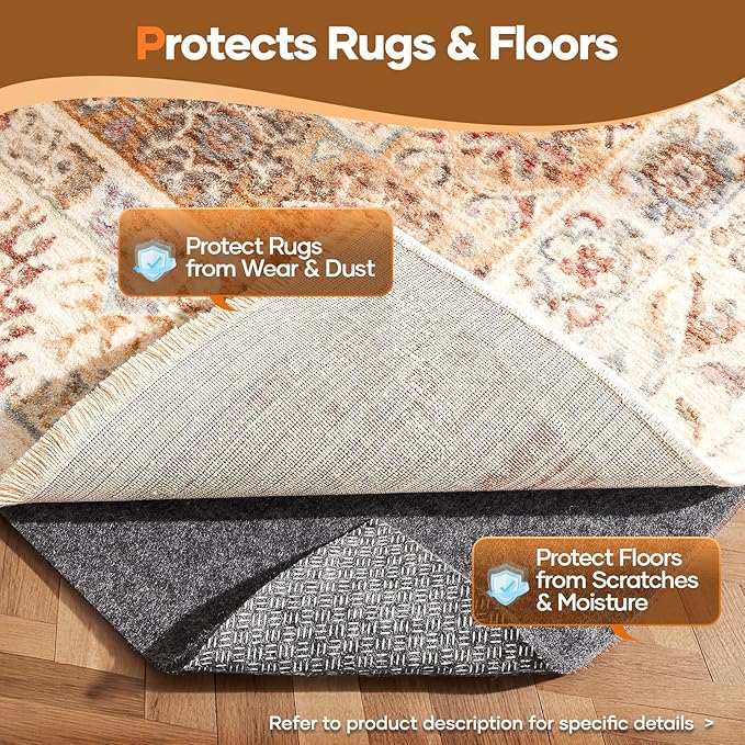 Veken Non Slip Cushioned Rug Pad Gripper 9x13 Ft, Felt and Silicone Backing, 1/4" Thick Carpet Liner for Hardwood Floors and Finishes, Under Area Rugs Anti Skid Mat, Keep Rugs Safe and in Place