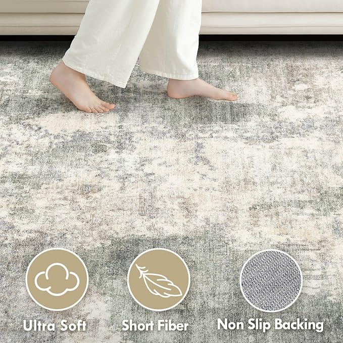Tortania Washable 12x18 Area Rug for Living Room: Modern Abstract Neutral Large Soft Thin Rugs - Non Slip Indoor Carpet for Bedroom Dining Room Office Nursery Home Floor Decoration - Gray Green