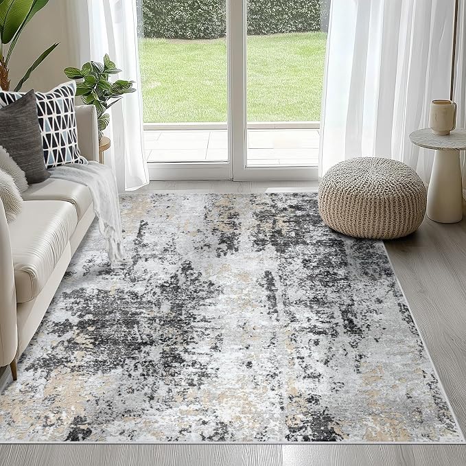 4x6 Area Rugs for Living Room Rug Washable: Abstract Rug for Dining Room Bedroom Carpet Non Slip 4 by 6 Indoor Modern Nursery Home Office Black Grey Gold
