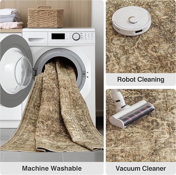 FMFUNCTEX 9x12 Washable Area Rug Brown Vintage Neutral Distressed Large Non Slip Carpet for Living Room Bedroom Soft Low Pile Indoor Mat Retro Floral Throw Rug for Dining Room Kitchen Office Nursery
