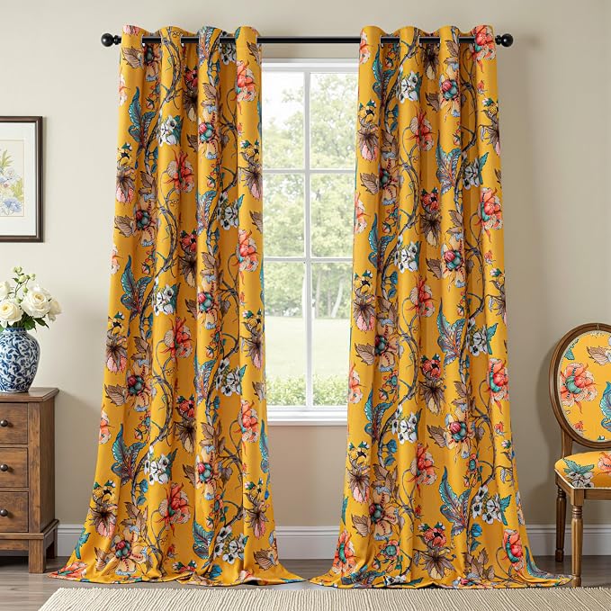 MYSKY HOME Floor to Ceiling Floral Blackout Curtains 102 Inches Long 2 Panels Set for Living Room Thermal Insulated Light Blocking Noise Reducing Flower Printed Vintage Grommet Top, 52" Wide, Yellow