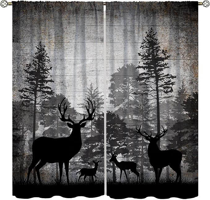 Retro Animal Blackout Curtains Vintage Grey Old Forest Deer Hunting Lodge Windows Treatments Rod Pocket for Kitchen Living Room Bedroom 55x63in