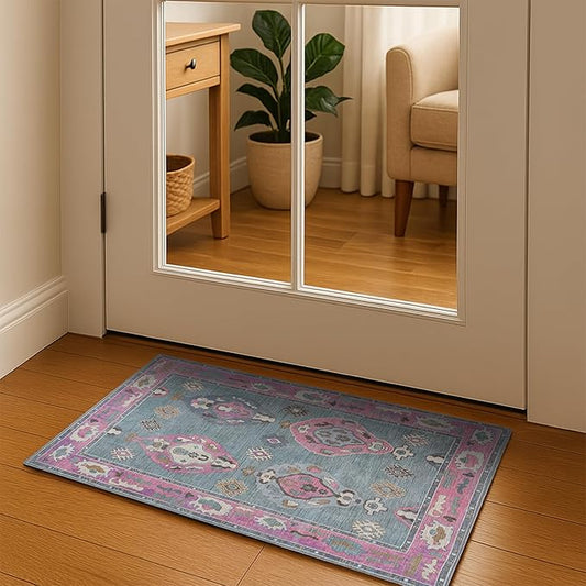 Green Pink Boho Oushak Rug 2x3 - Vintage Turkish Small Area Rugs for Kitchen Floor, Non-Slip Washable Rugs for Entryway, Entrance, Bathroom, Bedroom, Under Table, Living Room, Indoor