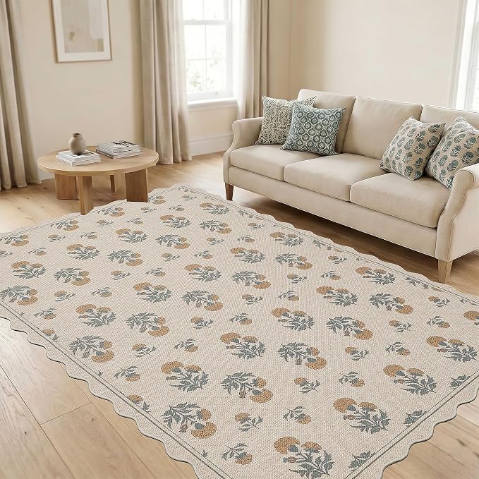 ORTIGIA Scalloped Easy Jute 5x7 Area Rug Vintage Yellow Floral Farmhouse Washable Rug Non-Slip Indoor Outdoor Carpet for Living Room Bedroom Patio Entryway