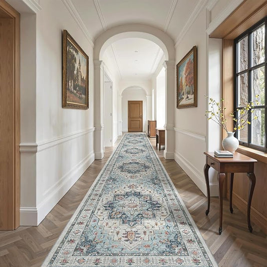 Madane Hallway Runner Rug 3x20 Washable Kitchen Runners 20ft, Blue | Vintage Non Slip Extra Long Area Rugs , Soft Low-Pile Farmhouse Wide Floor Carpet for Corridor Entryway Bathroom Bedroom