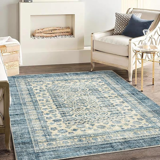 CHAMPLANT Washable Area Rug 3'x5' Vintage Traditional Floor Cover Foldable Thin Rugs Retro Kitchen Indoor Distressed Non Slip Carpet Floral Print Mat Bedroom Living Room