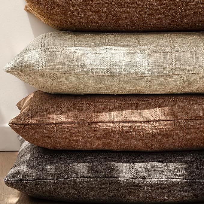 Foindtower Set of 2 Decorative Linen Check Throw Pillow Covers Neutral Farmhouse Vintage Cushion Covers Modern Boho Home Decor for Sofa Chair Couch Bedroom Living Room,24×24 Inch,Autumnal Red