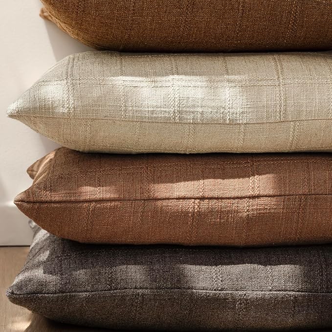 Foindtower Set of 2 Decorative Linen Check Throw Pillow Covers Neutral Farmhouse Lumbar Cushion Covers Modern Boho Home Decor for Sofa Chair Couch Bedroom Living Room,12×20 Inch,Autumnal Red