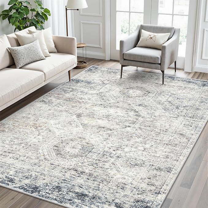 Soalmost 7x9 Area Rug for Living Room Washable Abstract Vintage Soft Thin Indoor Floor Non-Slip Carpet for Bedroom Dining Room Blue Ivory