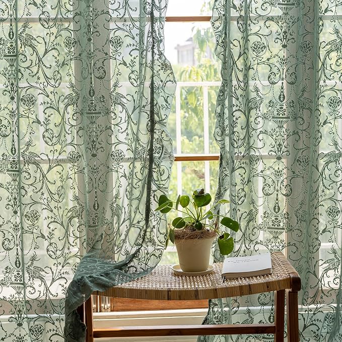 TUDECO Olive Green Sheer Curtains 84 Inch Long - Rustic Country Green Lace Curtains for Living Room Tulle Floral Ruffle Privacy Spring Decor Light Filtering 2 Panels, 59 x 84 Inch