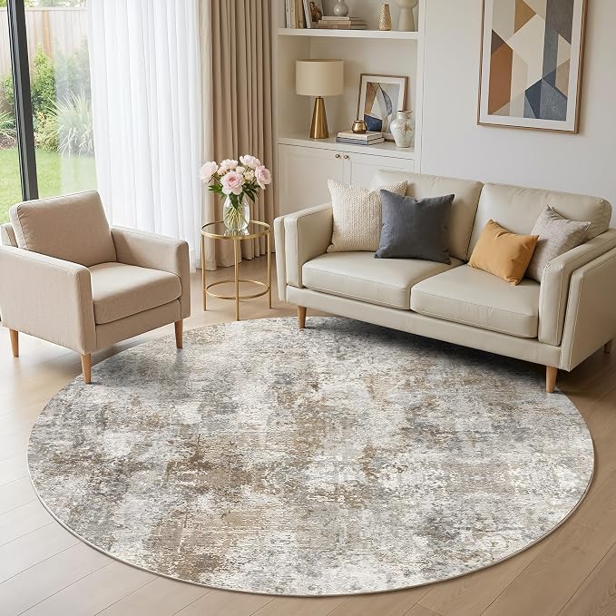WITSHOCK Area Rugs 6ft Round Living Room Rug - Washable Neutral Soft Low Pile Non-Slip Modern Abstract Thin Large Indoor Carpet for Bedroom Dining Room Nursery Office - Light Brown Grey