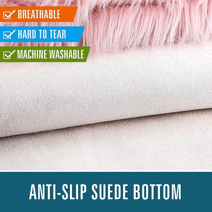 LOCHAS Soft Fluffy Faux Fur Rugs for Bedroom Bedside Rug 3x5 Feet, Washable, Furry Sheepskin Area Rug for Living Room Girls Room, Luxury Shag Carpet Home Decor, Pink