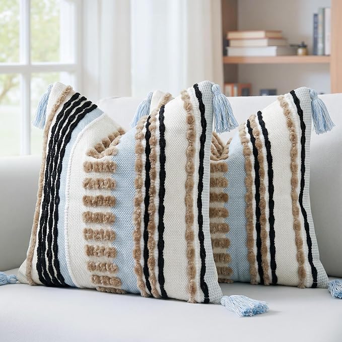 NUYECY Boho Throw Pillow Covers 18x18 Aesthetic Neutral Boucle Couch Pillow Cover Rainbow Striped Decorative Accent Pillow Case for Couch Bed Sofa Farmhouse Bedroom,Modern Funky,Set of 2 Khaki