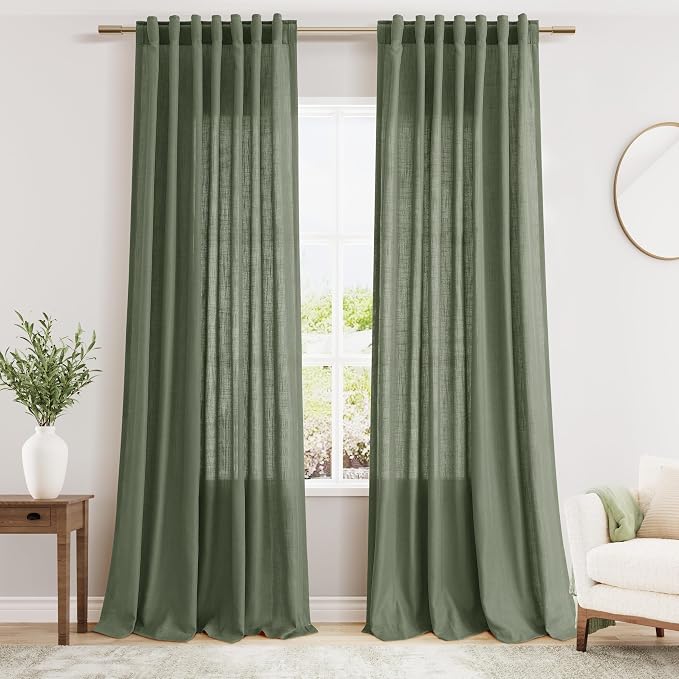 Extended Curtain Olive Green Linen Sheer Curtains for Living Room 2 Panels Set 118 Inch Length Back Tab Light Filtering & Breathability Semi Sheer Curtain Drapes for Bedroom Living Room 52x118