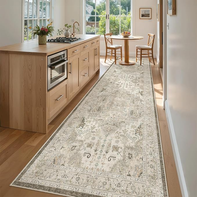 Madane Hallway Runner Rug 3x10 Washable Kitchen Runners 10ft, Ivory/Brown | Vintage Non-Slip Entryway Area Rugs Indoor, Soft Low-Pile Farmhouse Wide Floor Carpet for Bathroom Living Room Bedroom Foyer