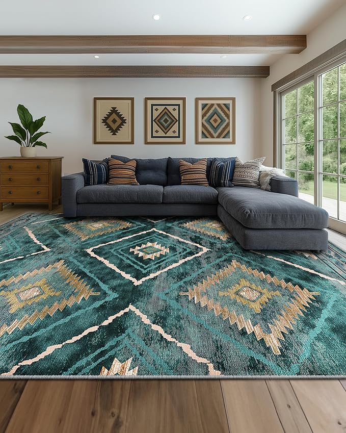 BESTSWEETIE Area Rug 9x12 Rug Machine Washable Non-Slip Low Pile Print Pattern Western Rug for Living Room Bedroom Entryway Tribal Series -Teal/Green