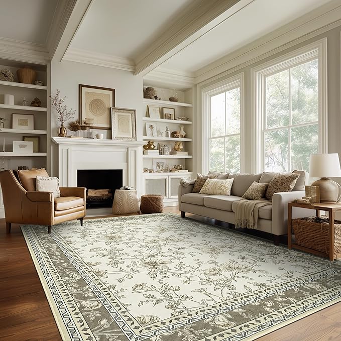 Large Neutral Beige Area Rug 10x12 for Living Room Earth Tone Cream Taupe Tan Pattern Modern Boho for Bedroom Soft Vintage Area Rug Farmhouse Floral Carpet for Dining Room Guest Bedroom Home Decor