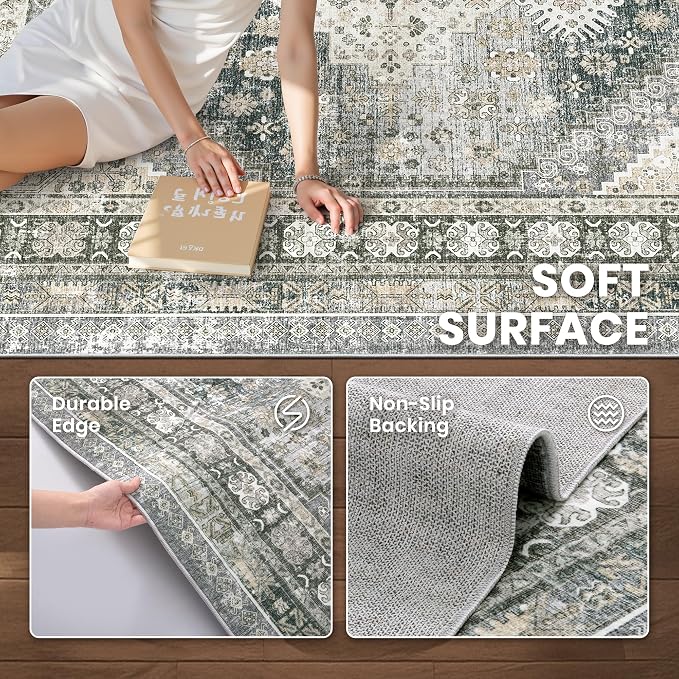 zesthome 8x10 Area Rugs for Living Room,Non-Slip Backing Washable Rugs,Vintage Large Area Rug，Stain Resistant Home Decor Rug (Wheat/Charcoal,8'x10')