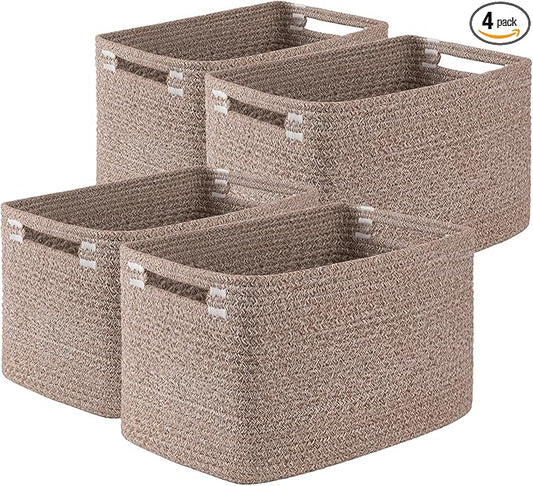OIASKET Storage Baskets for Organizing, Woven Decorative Baskets for Shelves - Books, Towels, and Clothes, Cotton Rope Toy Storage Bins, 12.7''Lx9''Wx7.8''H, Pack of 4, Linen Brown
