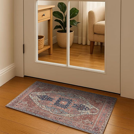 Brick Color Boho Oushak Rug 2x3 - Vintage Turkish Small Area Rugs for Kitchen Floor, Non-Slip Washable Rugs for Entryway, Entrance, Bathroom, Bedroom, Under Table, Living Room, Indoor