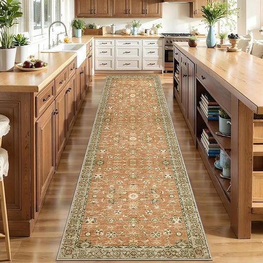 Tangsoo 2.6x12 Washable Long Runner Rug for Hallway Non Slip, Boho Floral Vintage Terracotta Carpet Runner Rugs for Entryway Kitchen, Floor Low Pile Runners for Laundry Bedroom Alfombra Farmhouse