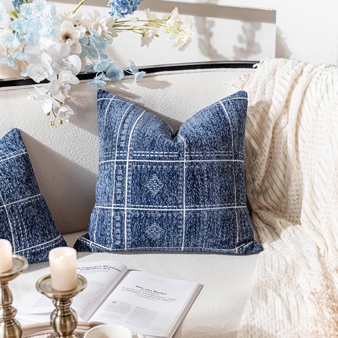 BlissBlush Decorative Throw Pillow Covers 18x18 Set of 2, Boho Blue Textured Chenille Accent Throw Pillow Covers for Couch Sofa Bed Living Room Home Décor (Cover Only)