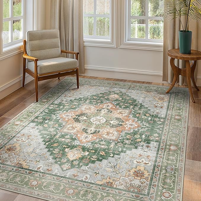 GENIMO 5x7 Area Rugs for Living Room, Machine Washable Non Slip Vintage Rugs, Low Pile Lightweight Print Rug for Bedroom, Dining Room, Home Office,Sage Green