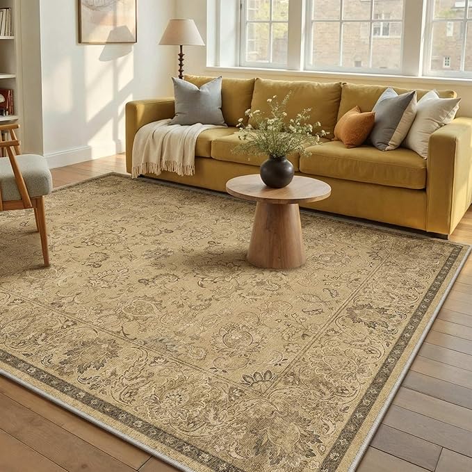 HUGEAR 6x9 Machine Washable Area Rugs Vintage Brown - Neutral Living Room Bedroom Rug Non Slip Stain Resistant Low Pile Aesthetic Throw Carpet Kids & Pet Friendly