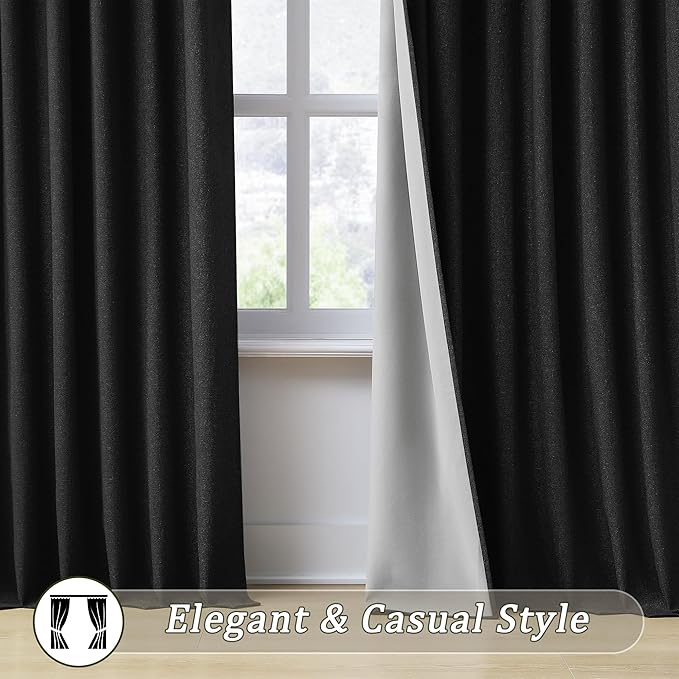 RAIN CITY 104 Inch Custom Made Black Curtains, Textured Linen Blend Black Out Pleated Look Curtains with Hooks Window Drapes for Slidng Glass Door Living Room-50x104-inch 2 Panels Set