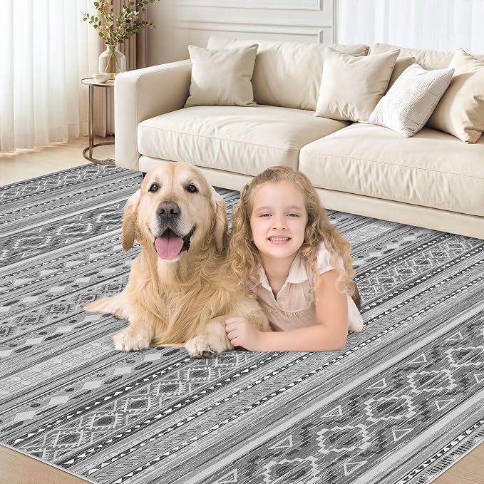 cotiled 5x7 Area Rugs Living Room Rug: Washable Boho Rugs with Non Slip Backing Large Soft Indoor Stain Resistant Carpet for Bedroom Farmhouse Dining Room Lightweight Home Decor Beige Grey