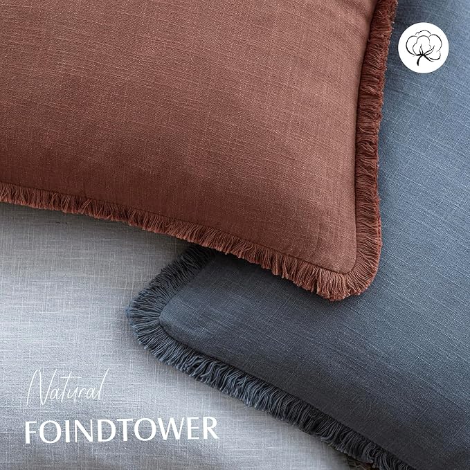 Foindtower Set of 2 Decorative Linen Fringe Lumbar Throw Pillow Covers Boho Farmhouse Cushion Cover with Tassels Soft Accent Pillowcase for Couch Sofa Bed Living Room Home Decor,12×24 Inch,Rust Red