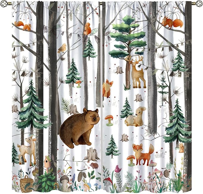 YCness Kid Forest Woodland Animal Fox Elk Bear Watercolor Print Curtains for Nursery Bedroom Living Room, Rustic Wild Animal Window Drapes 2 Panel Set, 42x54 Inch