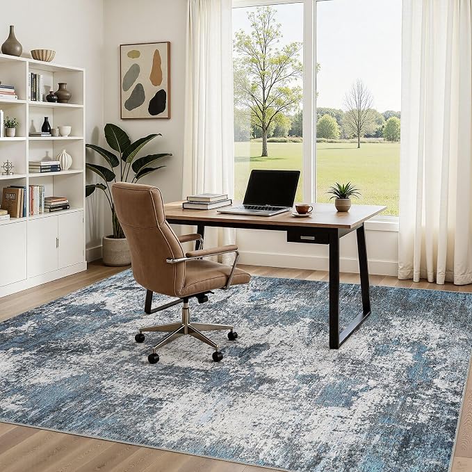 DMOYEST Area Rug Living Room Rugs - 5x7 Large Soft Indoor Neutral Modern Abstract Low Pile Washable Rug Carpet for Bedroom Dining Room Farmhouse Home Office - Grey Blue