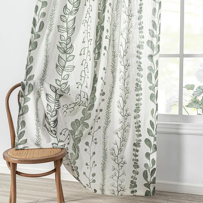 MEETSKY Sage Green Curtains 63 Inches Long Boho Curtains for Living Room Bedroom Semi-Sheer Linen Style Back Tab Drapes Light Filtering Leaf Printed Window Curtain, 50” Wide Each Panel, 2 Panels