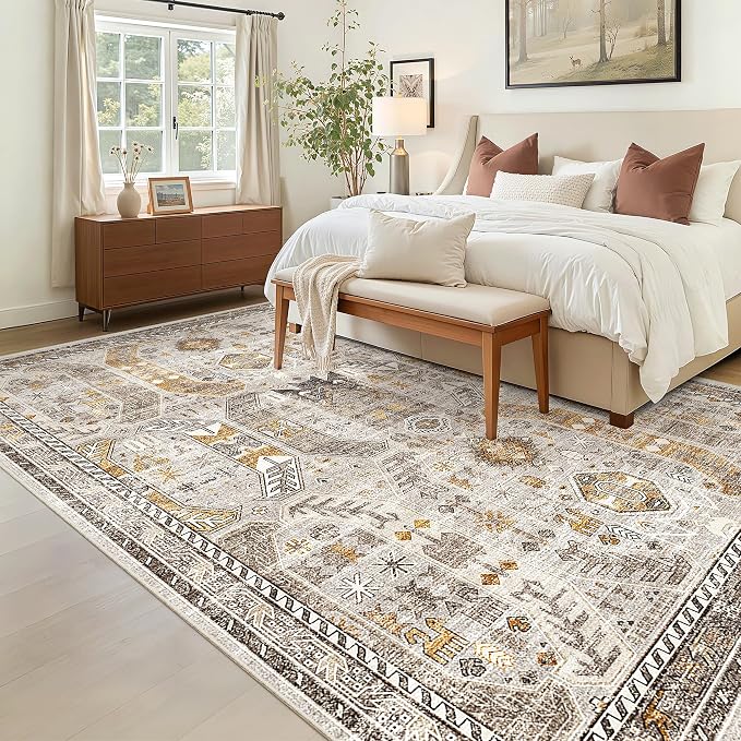 Madane 6x9 Area Rugs for Living Room, Vintage Washable Rug, Brown/Gold | Stain Resistant Floor Carpet With Non-Slip Backing For Bedroom, Dining Bedroom And Office, Soft Low-Pile Home Decor Mat