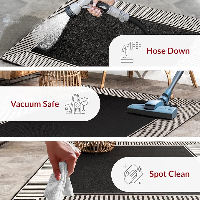 Nuloom Asha Black/Ivory, 9'6" x 12', Casual, Striped Border, Soft and Cozy, High Traffic, Stain Resistant, Easy Clean, Durable Area Rug for Indoor/Outdoor Patio, Deck, Porch, Garden, Courtyard
