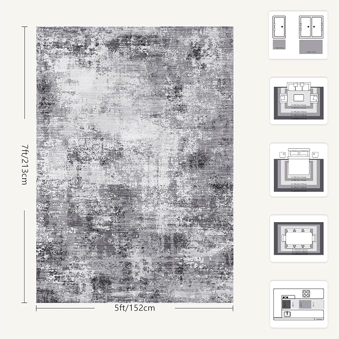 5x7 Area Rugs, Abstract Modern Ultra Soft Washable Rug, Non Slip Carpet with Rubber Back Stain Resistance Rugs for Living Room, Bedroom, Dining Room Decor(Black & Grey)