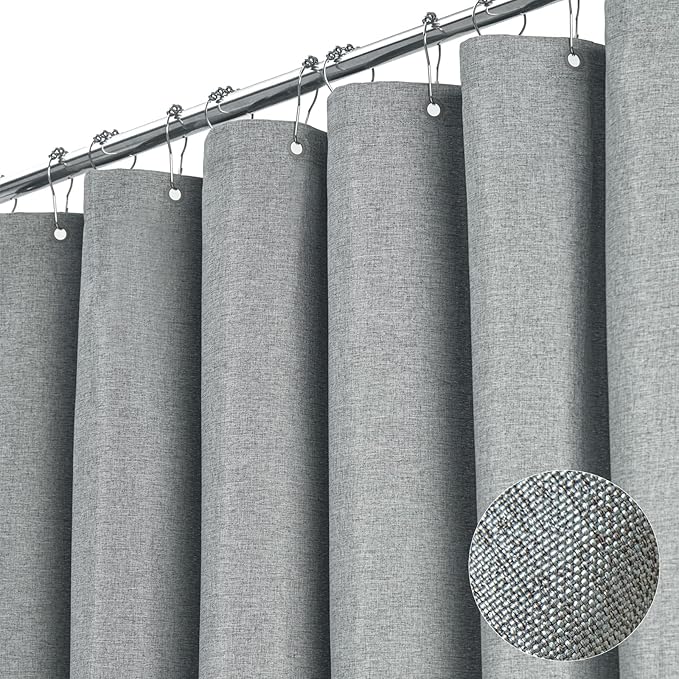 BTTN Stall Fabric Shower Curtain - 60x84 Inch Long Linen Textured Heavy Duty Shower Curtain Set with 10 Plastic Hooks, Narrow Spa Decorative Neutral Waterproof Shower Curtains for Bathroom, Gray/Grey
