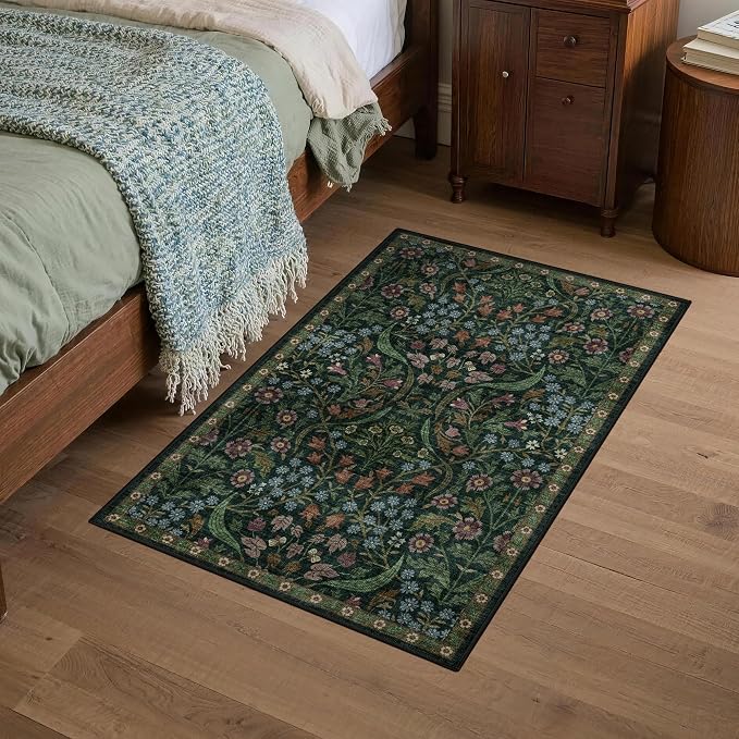 2x3 Washable Area Rug for Entryway Vintage Boho Floral Rug Non-Slip Low Pile Soft Faux Wool Small Carpet Kids and Pets Friendly for Bathroom Bedroom Kitchen Hallway Bedside Home Decor Rug Green