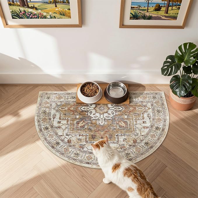 Madane Washable Half Circle Round Rug 2x3 Small Moon Rugs, Turmeric/Grey | Non-Slip Vintage Entryway Semi Area Rug 24"x36", Low Pile Door Mat Indoor Entrance for Bedroom Kitchen Entry Laundry Room