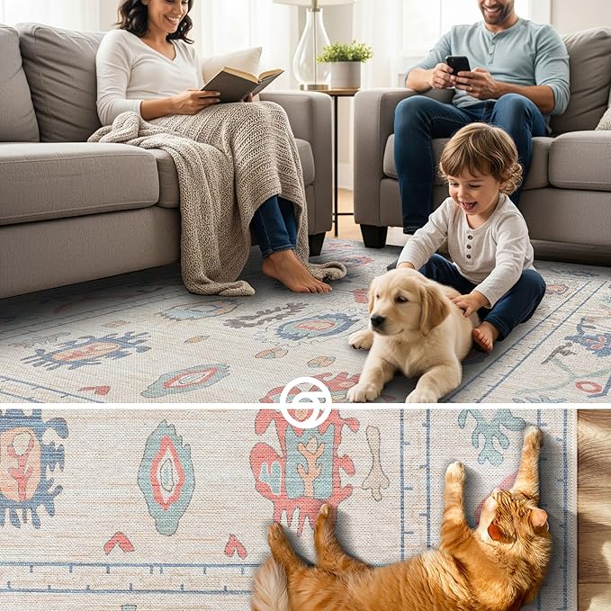 Beige Oushak Large Area Rug 9x12 - Washable Vintage Turkish Non-Slip Backing Pastel Oversized Large Rugs for Living Room Dining Room, Bedroom, Lounge, Farmhouse