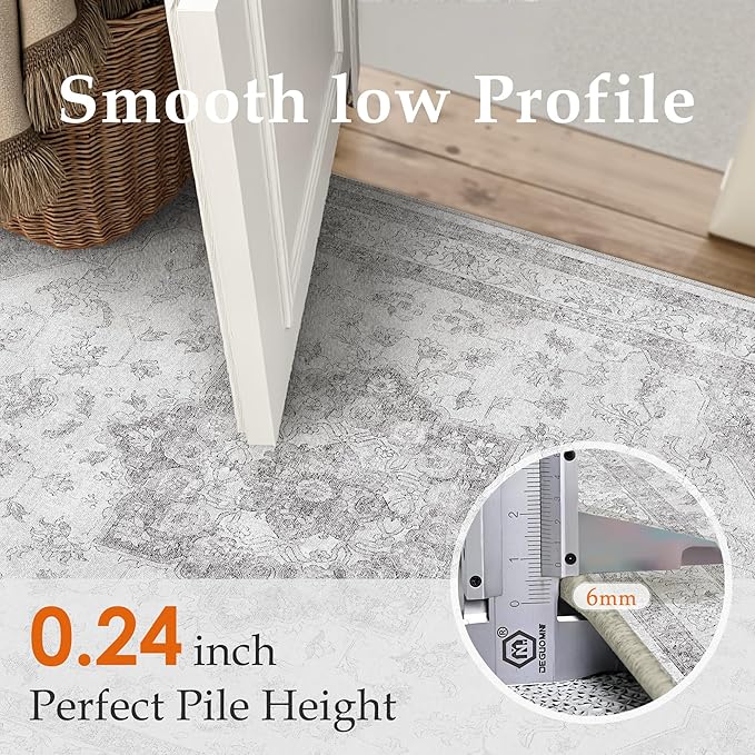 PureCozy Gray Area Rug 5x8 Washable Living Room Carpet Vintage Non Slip Soft Bedroom Indoor Office Retro Grey Low Pile Thin Oriental Medallion Large Rug for Dining Room Bathroom Kitchen