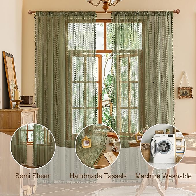 Sutuo Home Olive Green Boho Lace Sheer Curtains, Farmhouse Crochet Privacy Vintage Bohemian Tassels Retro Christmas Decor Window Curtains for Living Room Bedroom Rod Pocket,2 Panels 50" x 102"