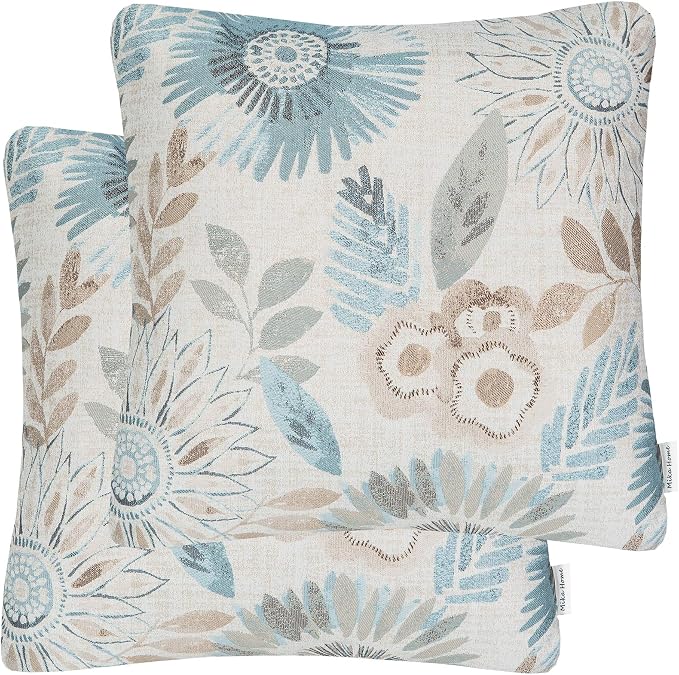 Mika Home Pack of 2 Throw Pillow Covers Decorative Pillow Cases for Sofa Couch Bed,Sunflower Pattern,22x22 Inches,Blue Cream